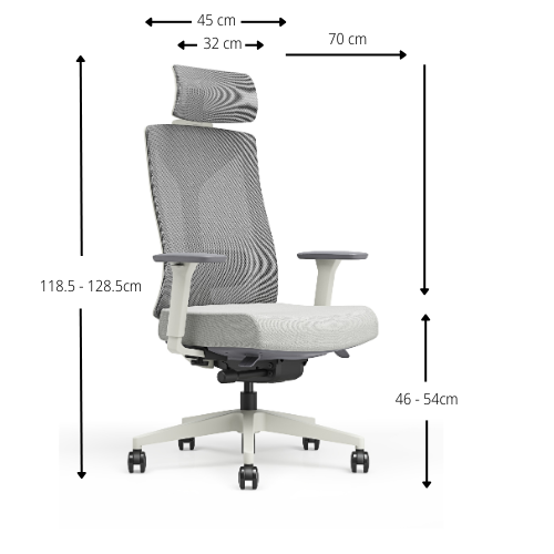 Angled side view Grey mesh ergonomic office chair illustrating the dimensions
